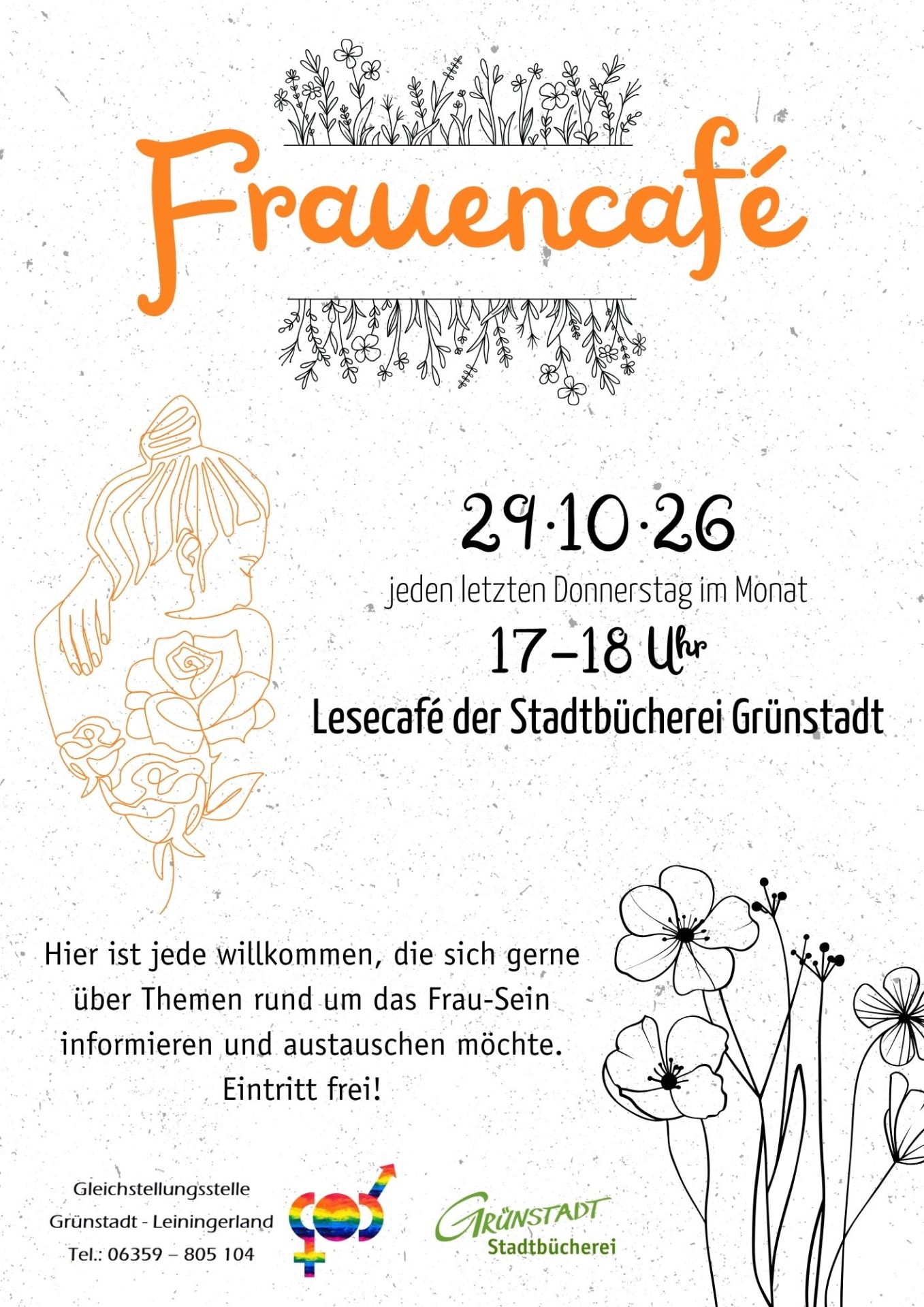 Flyer mit dem Titel 'Frauencafé' in orange und schwarzen floralen Zeichnungen, darunter Datum '29.10.26', Zeit '17-18 Uhr' und Ort 'Lesecafé der Stadtbücherei Grünstadt', mit Einladungstext und Logos der Gleichstellungsstelle und Stadtbücherei