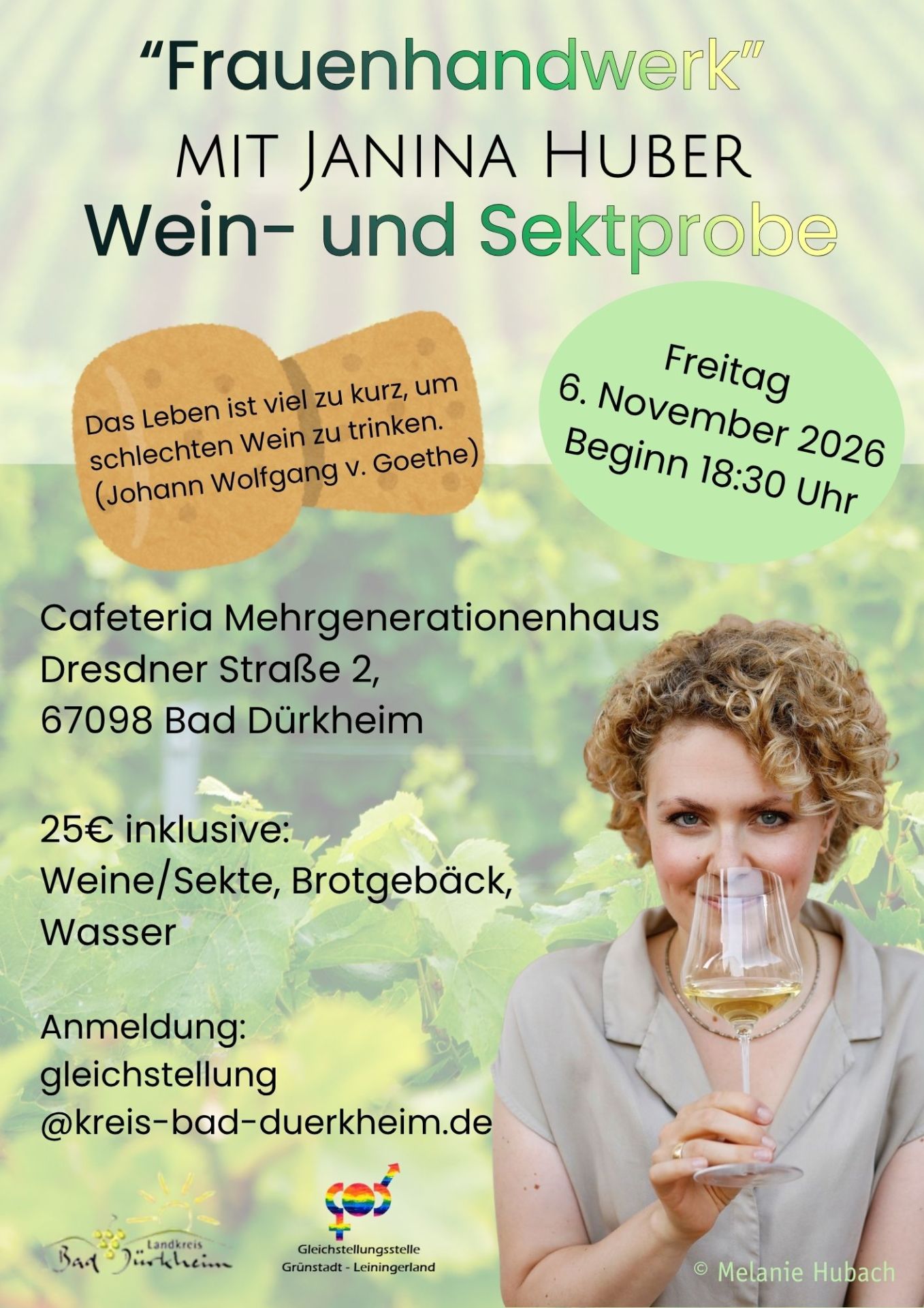 Plakat für eine Wein- und Sektprobe mit Textinformationen und Porträt einer Frau, die ein Weinglas hält