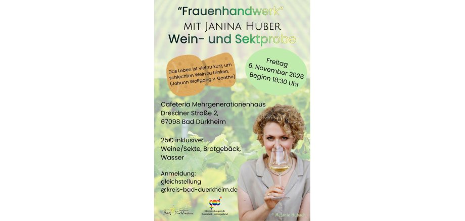 Weinprobe 06.11.26 Plakat für eine Wein- und Sektprobe mit Textinformationen und Porträt einer Frau, die ein Weinglas hält