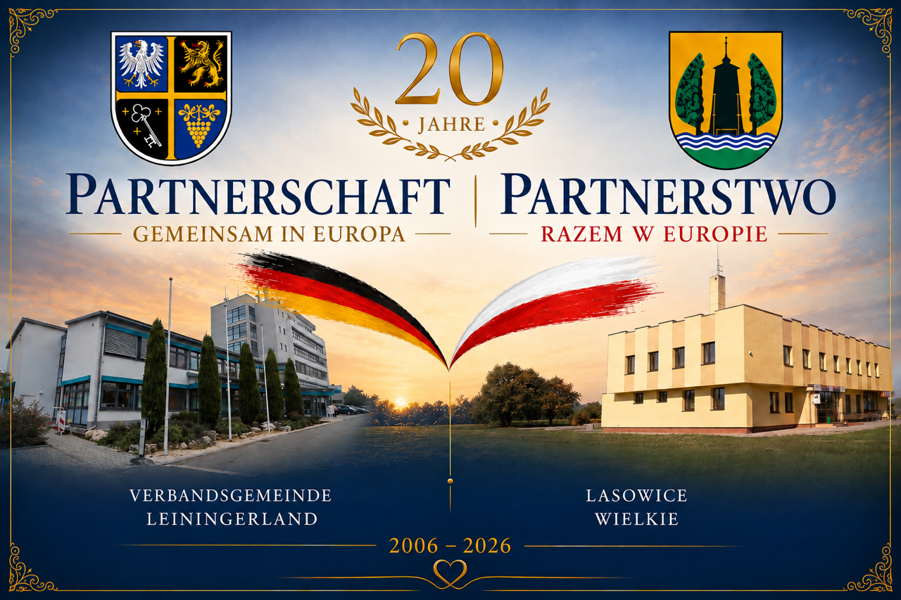 Zwei Wappen über Fotos von Gebäuden mit Text zu 20 Jahren Partnerschaft zwischen Verbandsgemeinde Leiningerland und Lasowice Wielkie, darunter zwei stilisierte deutsche Flaggenbögen vor Sonnenuntergangshimmel