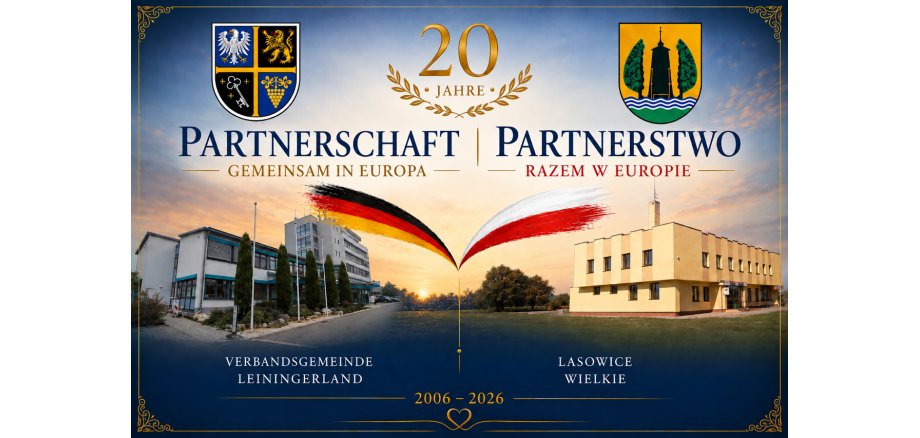 20 Jahre deutsch-polnische Partnerschaft Zwei Wappen über Fotos von Gebäuden mit Text zu 20 Jahren Partnerschaft zwischen Verbandsgemeinde Leiningerland und Lasowice Wielkie, darunter zwei stilisierte deutsche Flaggenbögen vor Sonnenuntergangshimmel