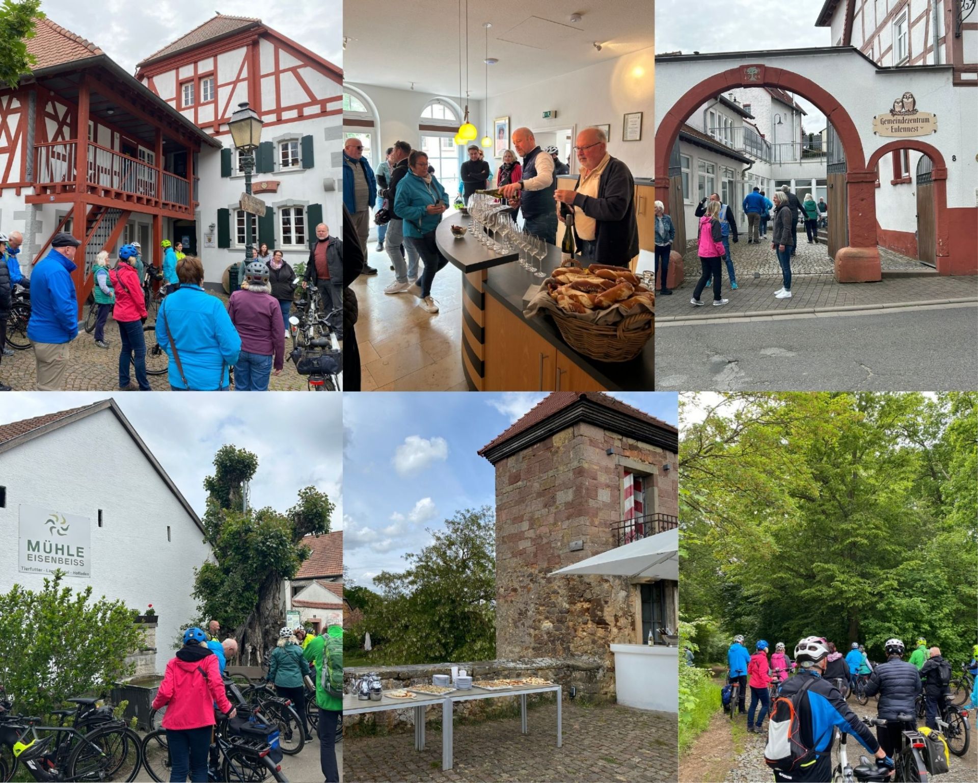 Collage mit Gruppen von Radfahrern vor Fachwerkhäusern, an einem Tresen mit Getränken, unter einem Torbogen, vor einem Gebäude mit Schriftzug 'MÜHLE EISENBeiss', an einem historischen Turm und auf einem Waldweg.