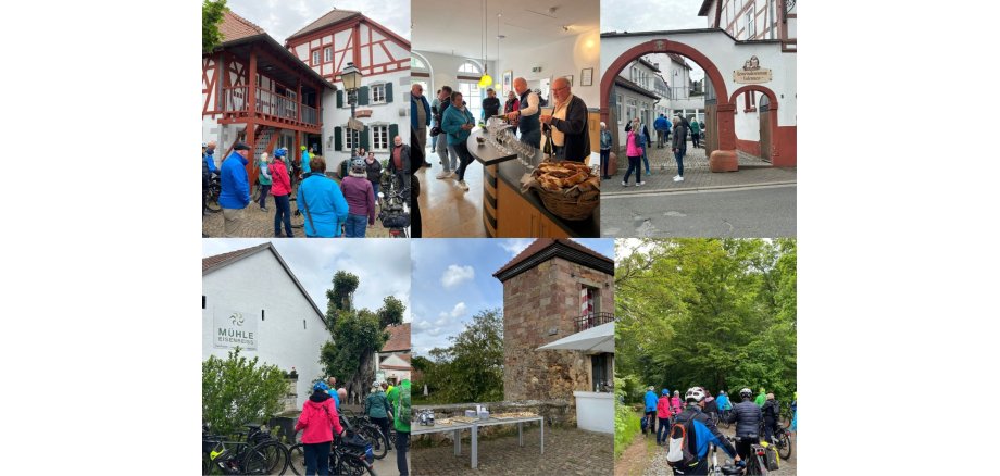 Collage mit Gruppen von Radfahrern vor Fachwerkhäusern, an einem Tresen mit Getränken, unter einem Torbogen, vor einem Gebäude mit Schriftzug 'MÜHLE EISENBeiss', an einem historischen Turm und auf einem Waldweg.