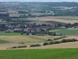 Blick auf ein Dorf mit mehreren Häusern, umgeben von Feldern und sanften Hügeln unter bewölktem Himmel.