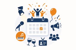 Kalender mit markiertem Datum, umgeben von Symbolen für Veranstaltungselemente wie Mikrofon, Scheinwerfer, Musiknote, Weingläser, Ausweis, Menschen, Megafon, Luftballon und jubelnde Figuren