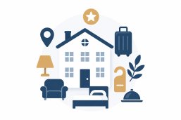Symbolbild mit stilisiertem Haus, Sofa, Bett, Stehlampe, Koffer, Standortmarker, Türanhänger, Pflanzenzweig und einem Stern darüber