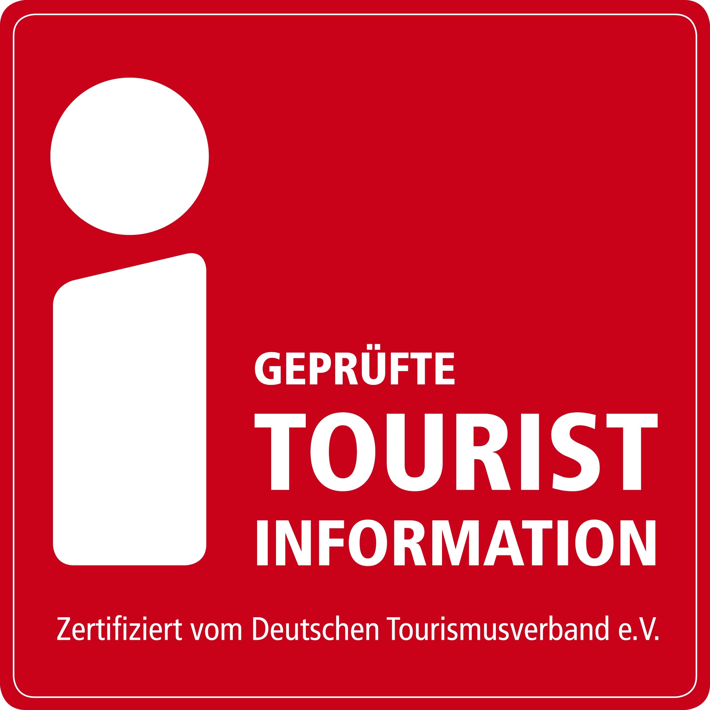 Rotes quadratisches Logo mit weißem stilisiertem Informationssymbol und Text 'GEPRÜFTE TOURIST INFORMATION Zertifiziert vom Deutschen Tourismusverband e.V.'