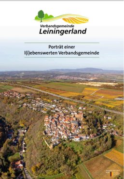 Luftaufnahme eines Dorfes in einer ländlichen Region mit Feldern und Hügeln im Hintergrund, darüber das Logo der Verbandsgemeinde Leiningerland und der Text 'Porträt einer l(i)ebenswerten Verbandsgemeinde'