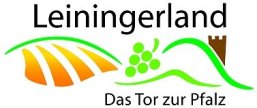 Logo mit dem Schriftzug 'Leiningerland' oben, darunter stilisierte grüne Hügel, eine braune Burg, orangefarbene Felder und grüne Trauben, darunter der Text 'Das Tor zur Pfalz'